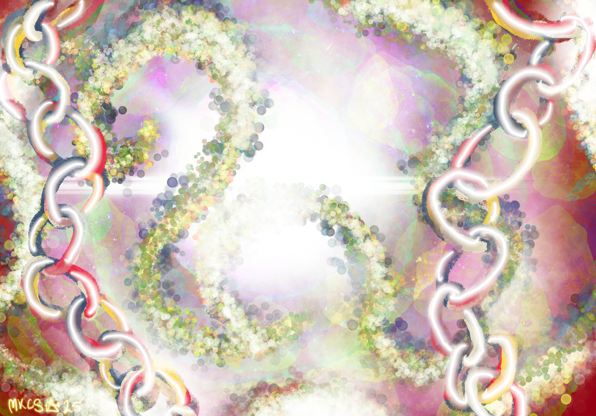 Colourful links in a chain surround spiraling bubbles of light, centering on a glowing white light