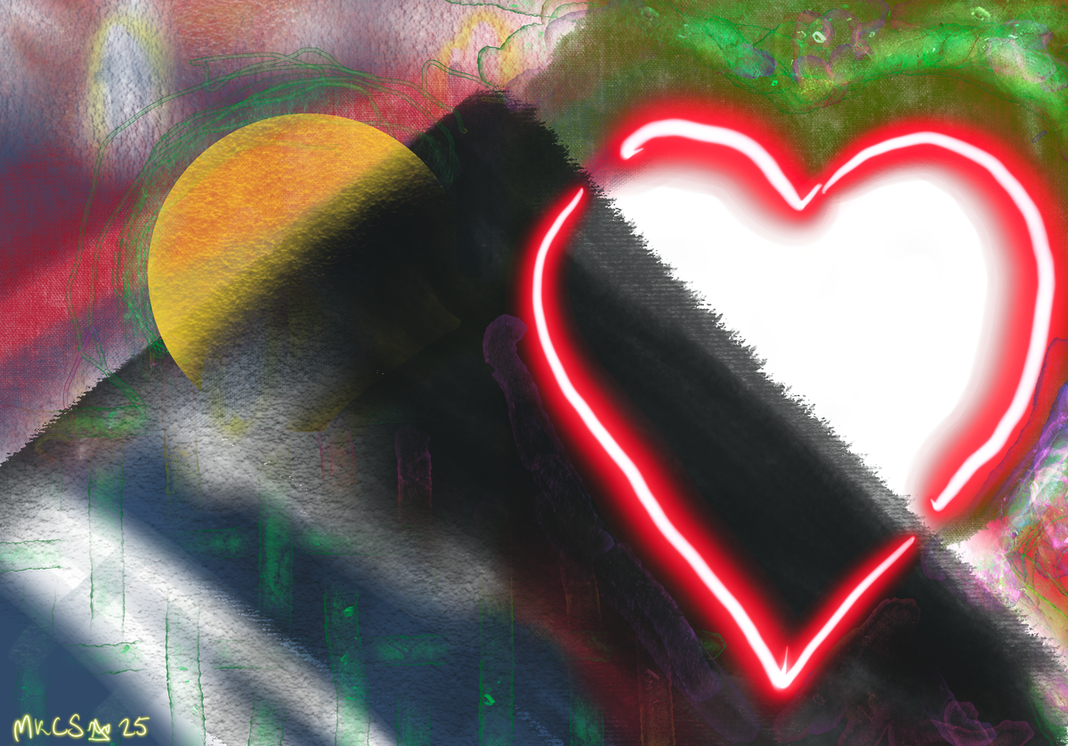 A majestic maunga with light rays flowing across it, with a rising sun behind and a glowing red heart enclosing the black of the mountain’s slope and the white of the empty sky.