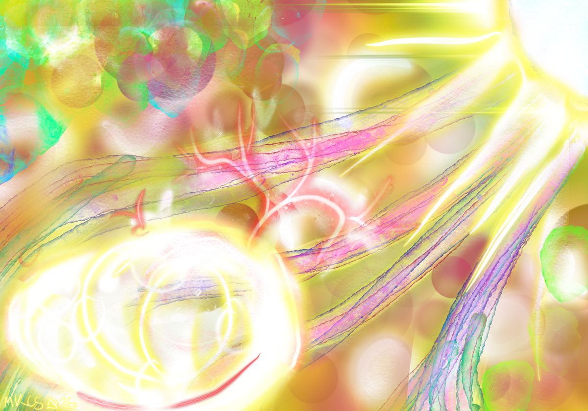 A glowing avocado or egg shape, with a red sprout growing from it; behind are multicoloured paths leading up to a glowing sun that radiates yellow light