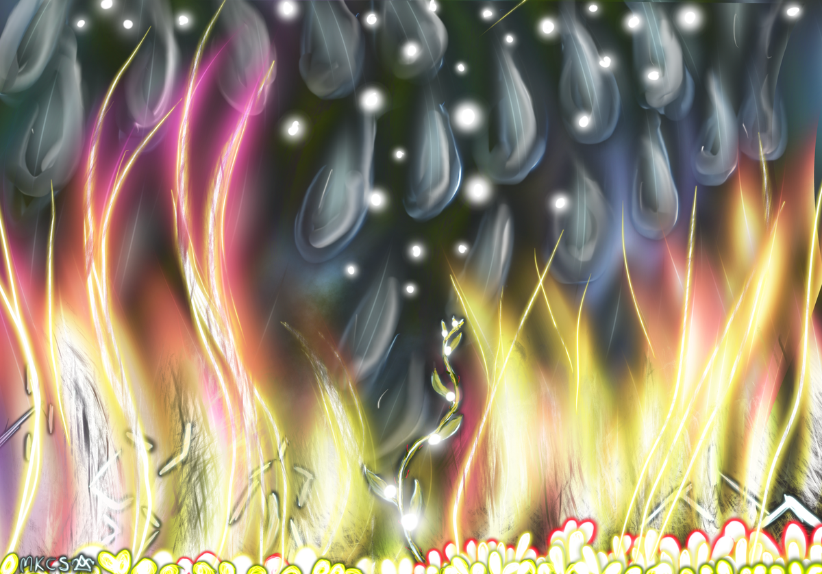 Dancing figures in flames, with glowing eggs, heavy rain or tears, and a small plant shooting upwards, producing glowing seeds that float above it like pearls