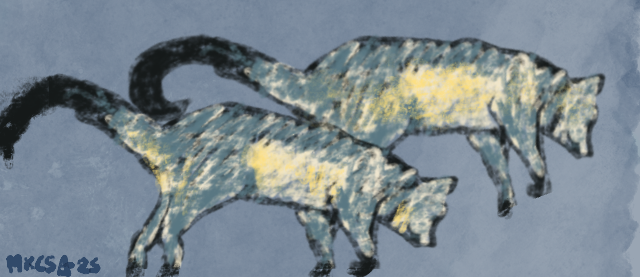 A drawing of two dead brushtail possums on a grey background.